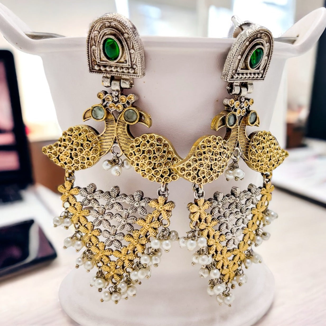 Heeramandi Silver Replica Earring - Green