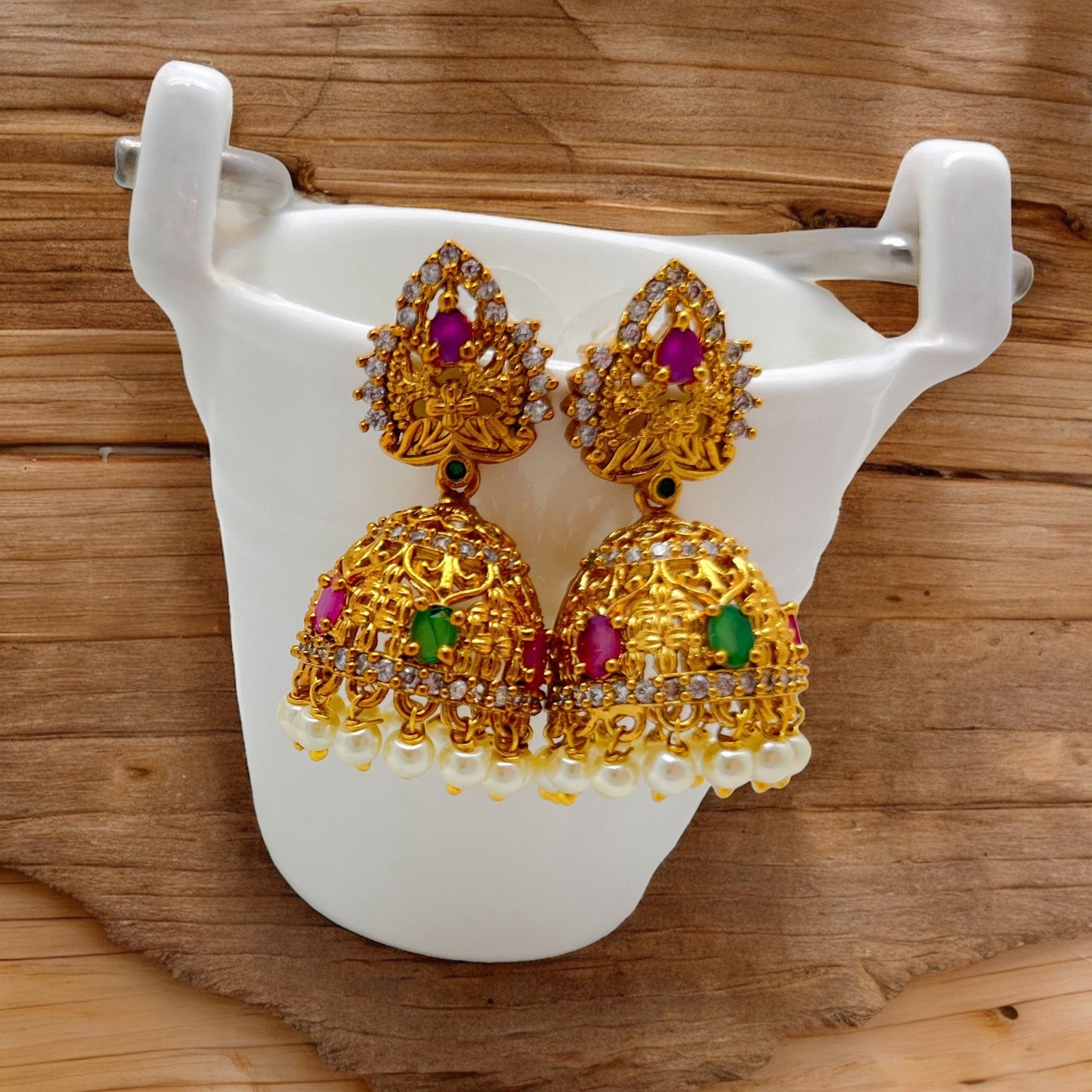 Jhilli - Stone Studded Gold-Plated Temple Earrings - Multi Colour