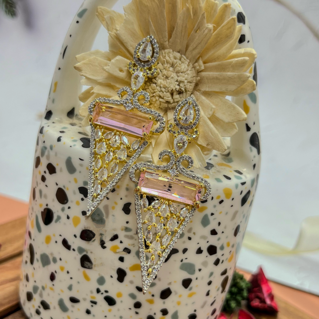 Triangle Dangler - Premium CZ Earrings Pink