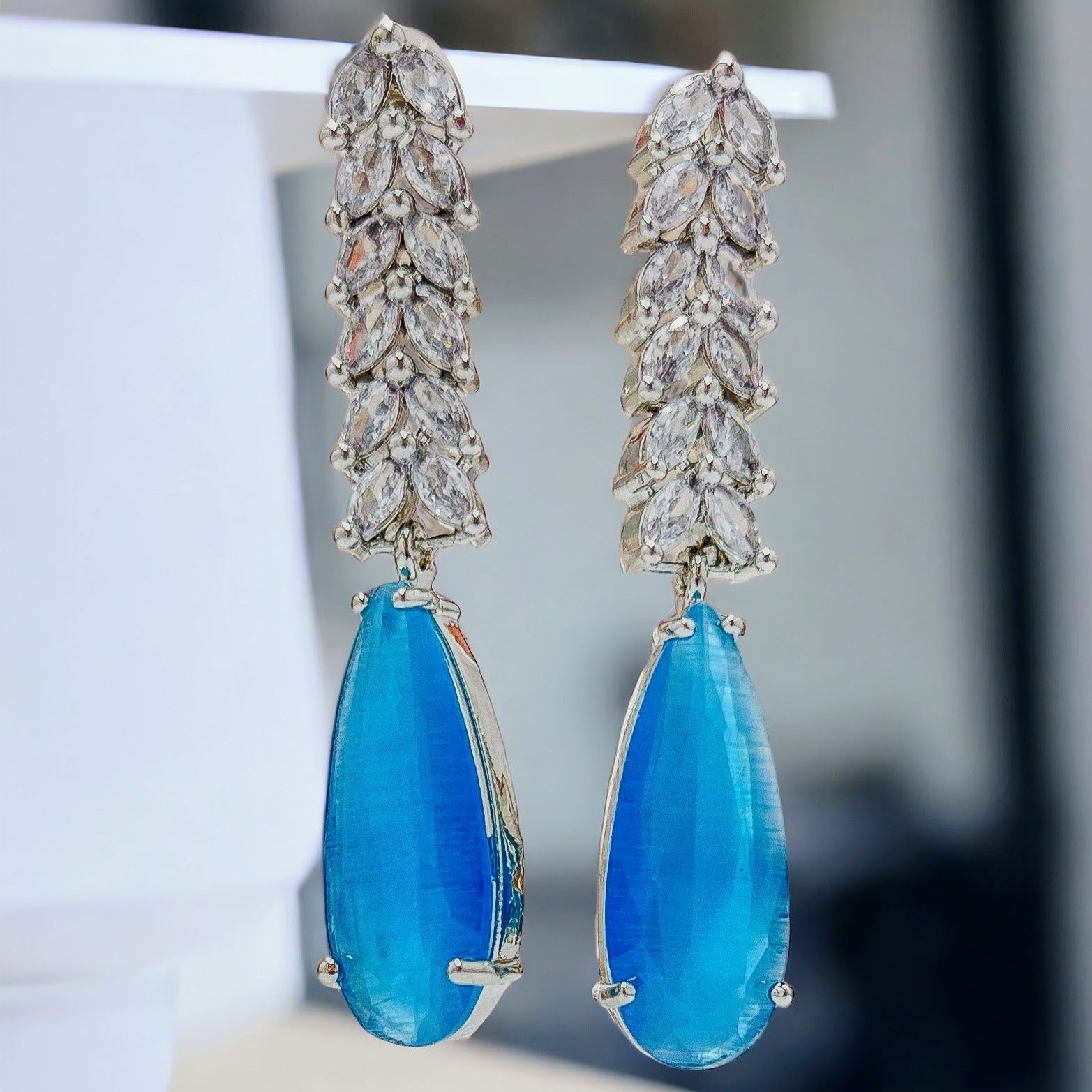 Water Droplet Shaped Premium CZ Earrings Light Blue