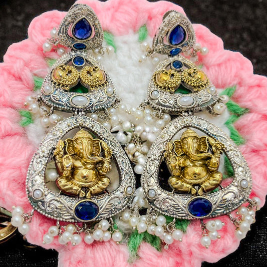 Ganesha Silver Replica Earring - Blue