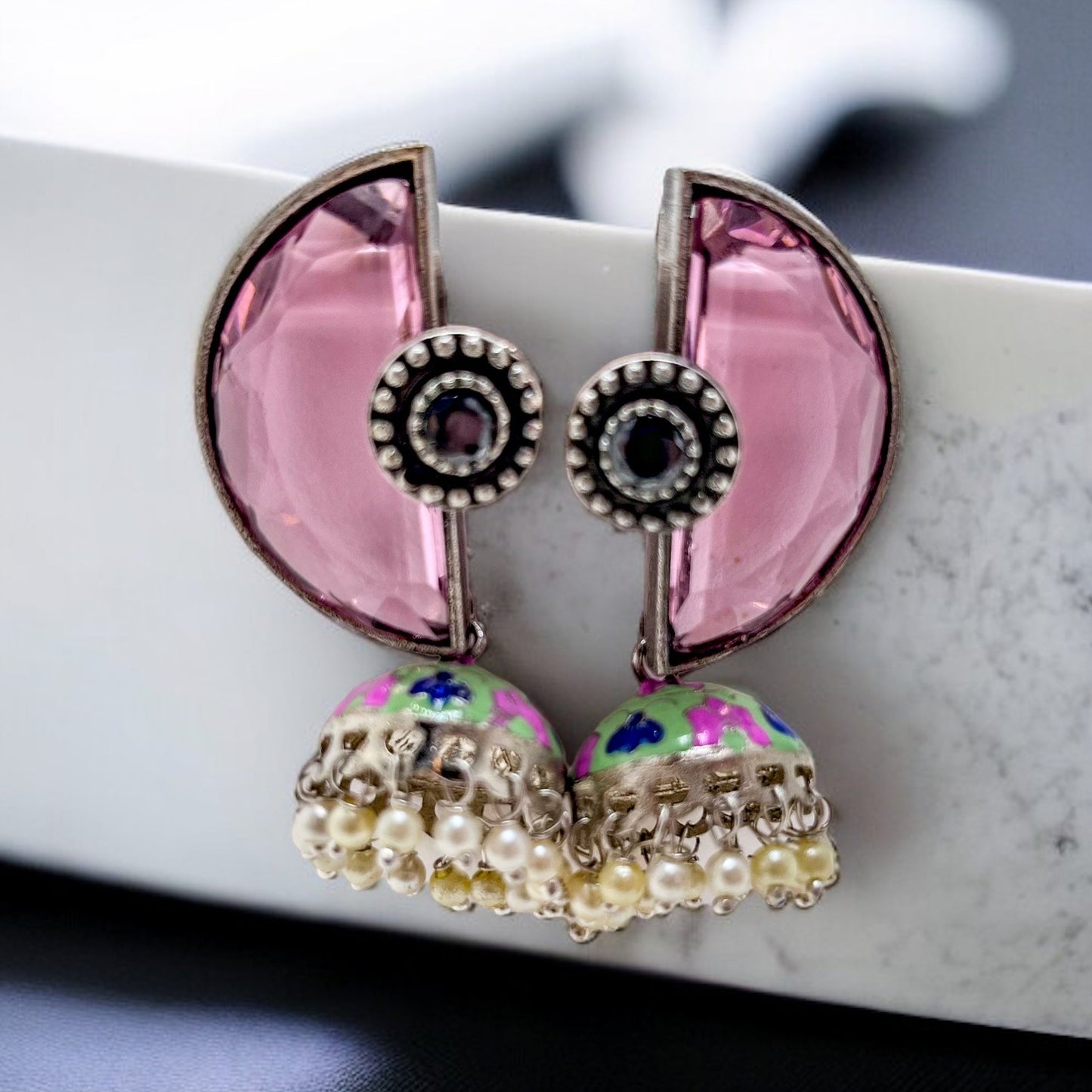 Half Moon Painted Silver Replica Earring - Pink