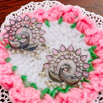 Peacock Silver Replica Earring - Pink