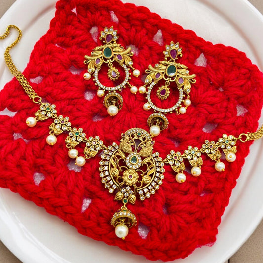 Sreshtha Gold-Plated Temple Necklace Jewellery Set